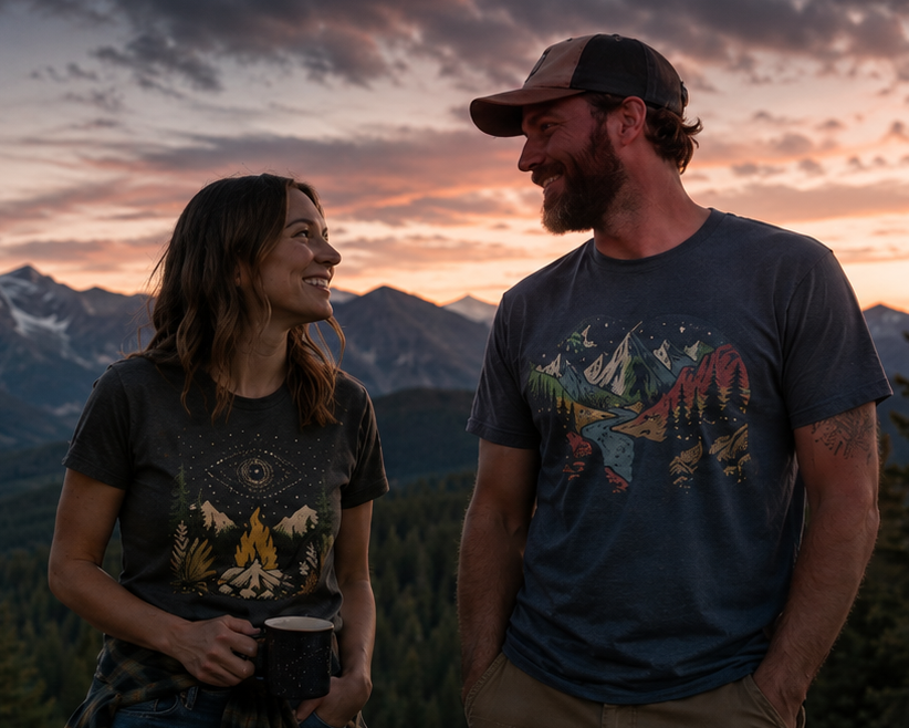 Two people standing by a campfire with mountains in the background during sunset.